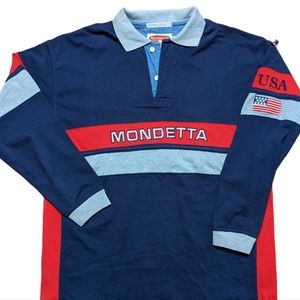 Vintage 90s Mondetta Polo Long Sleeve Shirt Men's Medium Blue Red USA denim